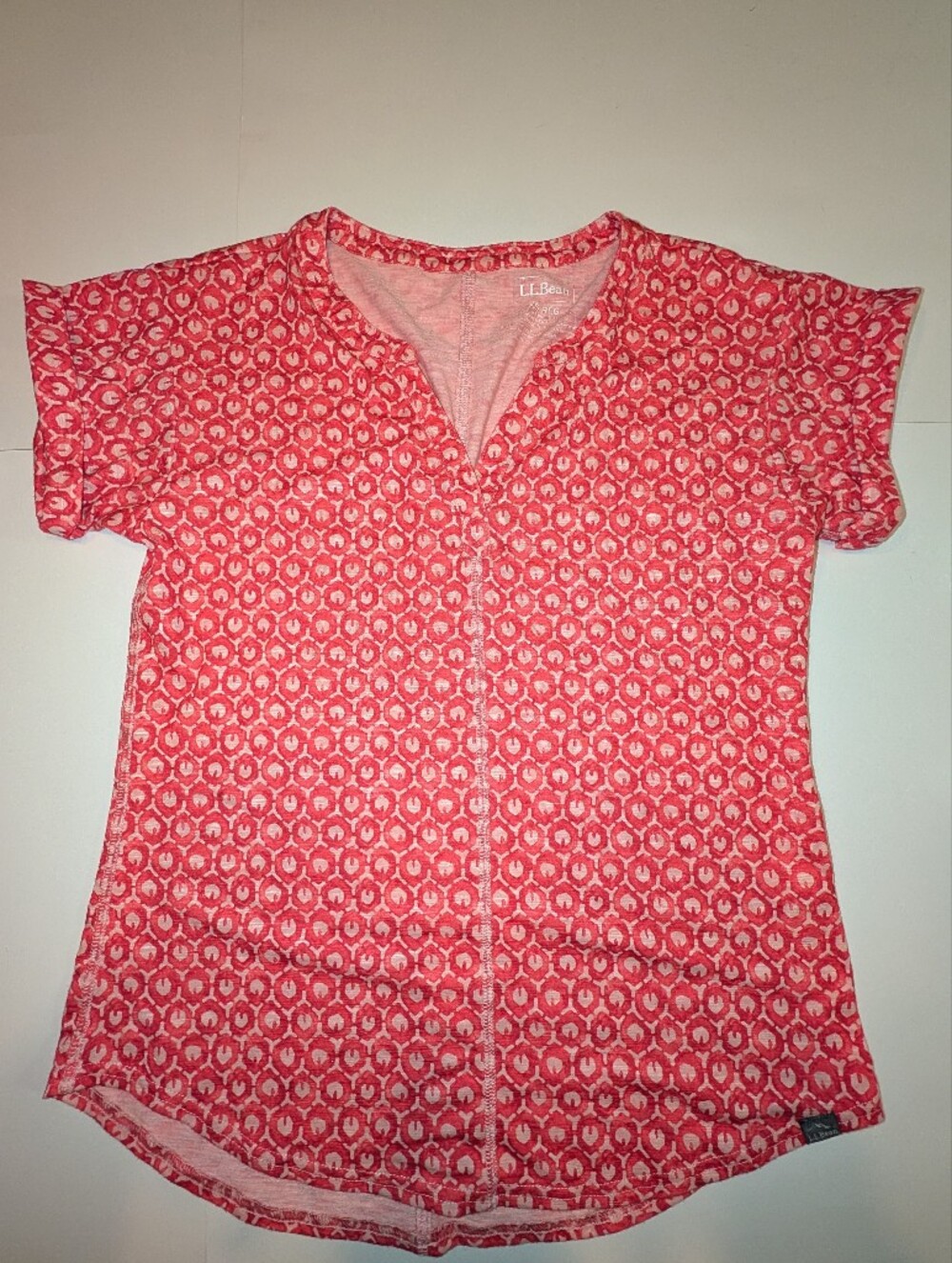 L.L. Bean Streamside Split V Short Sleeve Tee, Size XS, red and pink